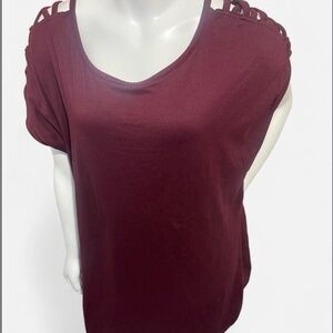 Say Anything Burgundy Women's Short Sleeve Strappy Scoop Neck T-Shirt 1X Plus
